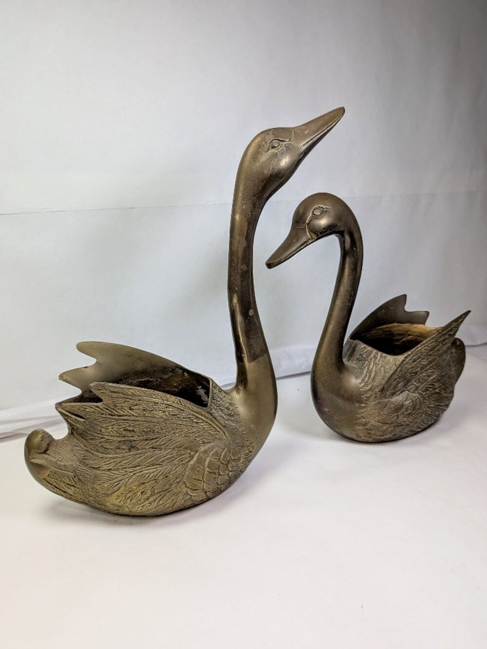 VTG Brass Swan Planters Set Solid Heavy Brass Figurine Planter Pair Hollywood
